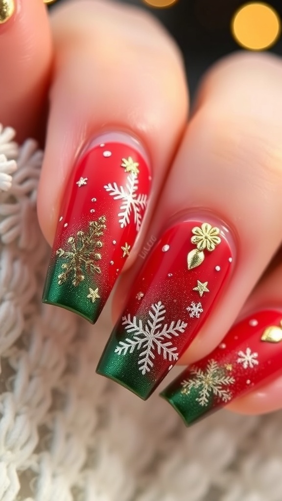 Elegant Christmas Nail Design Elegant Christmas nail design with red and green polish, white snowflakes, and gold glitter.